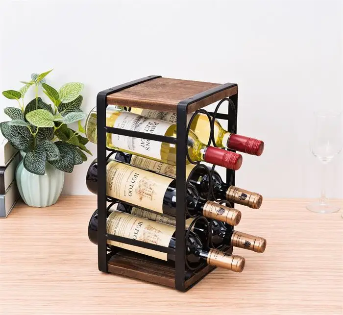 Wholesale Black Metal Wrought Iron Wood Countertop Wine Rack Six Bottle Wine Storage Racks