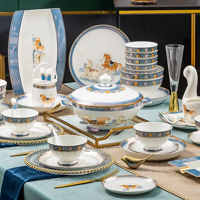 Новая китайская керамическая посуда Jingdezhen Menghui Datang, серия, шестьдесят, легкая рельефная керамическая посуда, набор