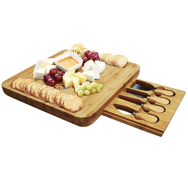 high quality bamboo wooden cheese board kitchen cutting board set with 4 knives tools