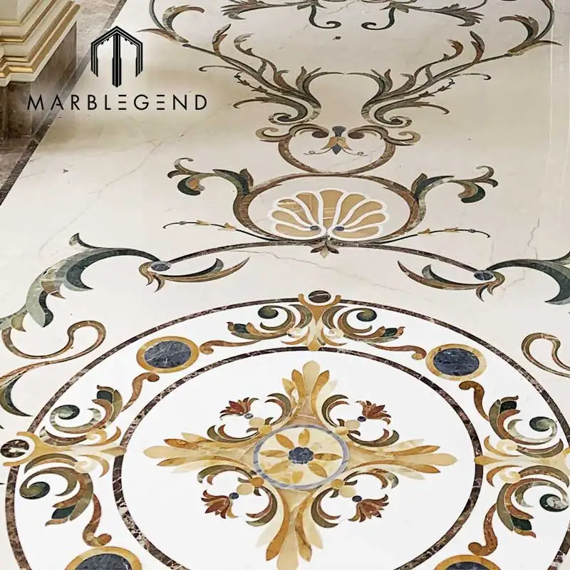Luxury rectangle flooring stone decoration classic flower water jet marble inlay for hallway