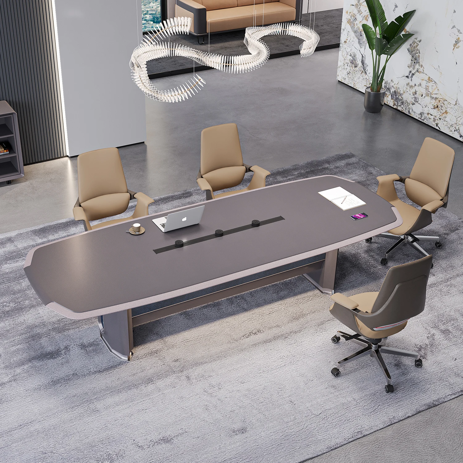 Modern Luxury High-end Office Furniture Veneer Smart Board Meeting Desk with Power Outlet Long Executive CEO Conference Table
