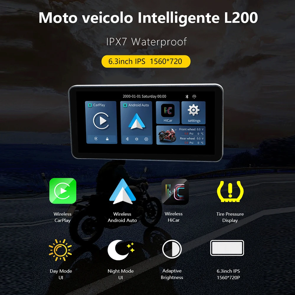 Wireless Motorcycle Carplay Ip67 Waterproof Gps 6.3 Inch Carplay Screen Linux Auto Display Tpms Wifi Ota Motorcycle Navigation
