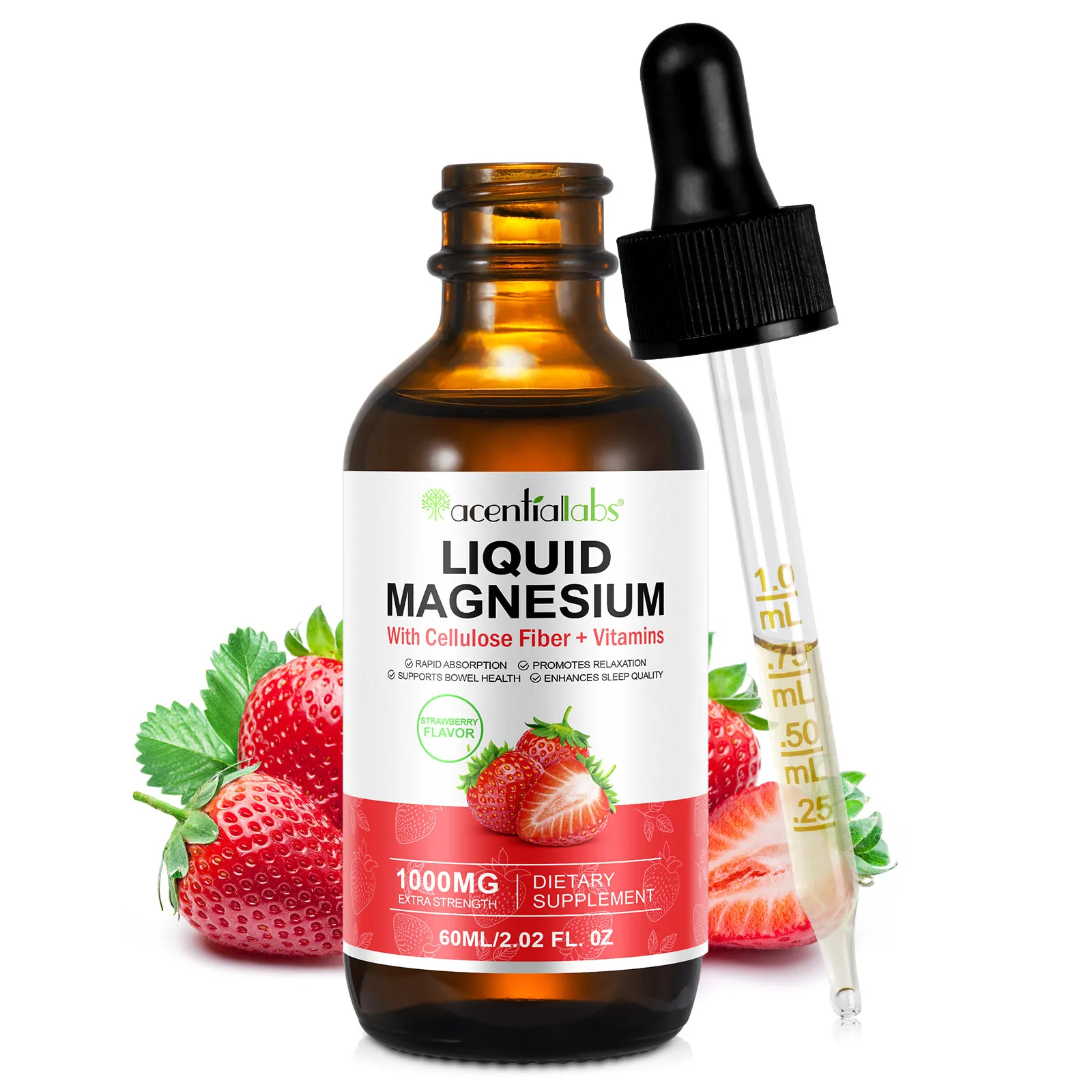 Acentiallabs cellulose fiber vitamins supports bowel health 60ml magnesium glycinate supplement liquid drops magnesium glycinate