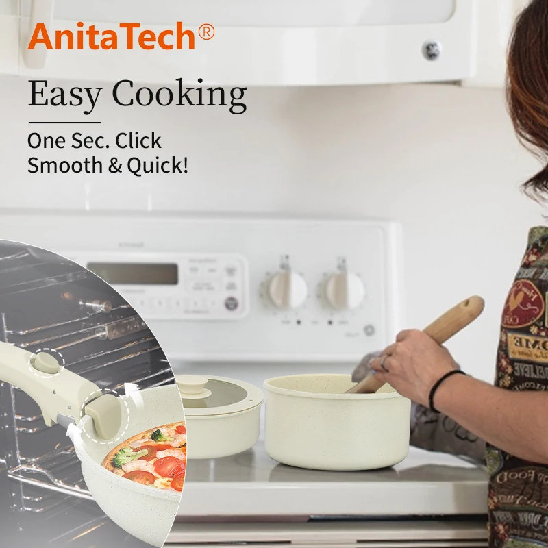 11pcs Pots and Pans Set Nonstick Cookware Detachable/Removable Handle Induction RV Kitchen Set Oven Safe Cream White