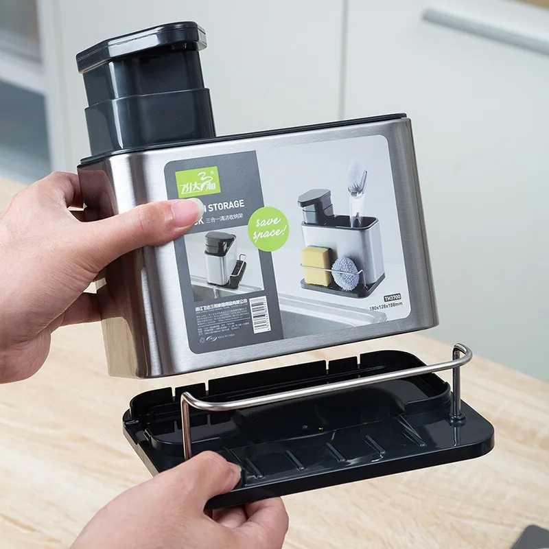 Soap Dispenser for Kitchen Sink 3-in-1 Sponge Holder for Kitchen Sink Caddy Kitchen Sink Organizer Tray Drainer Rack