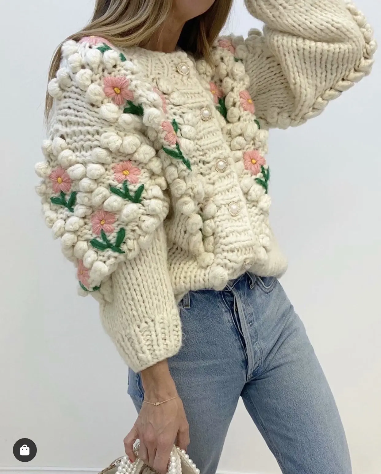 Fashion Womens Ivory Soft  Hand Embroidery Flowers and Balls Knit Open Front Cardigan