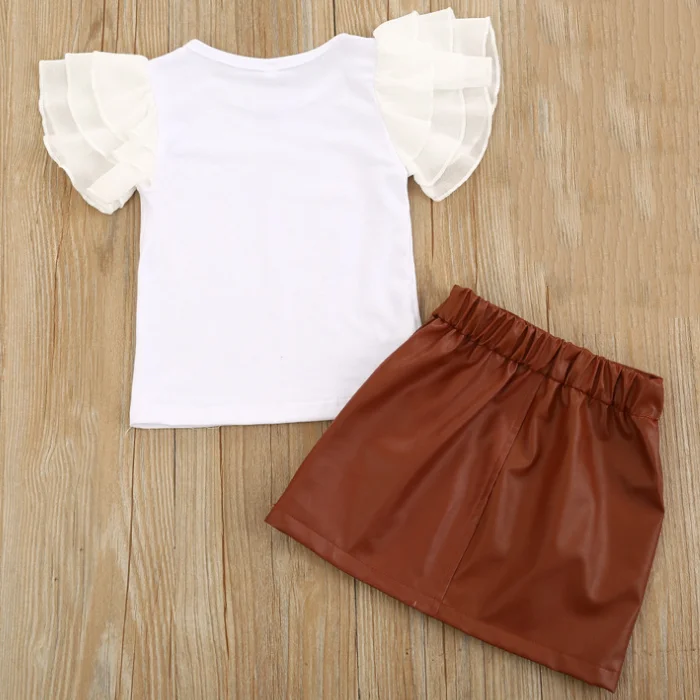 2020 Fashion 2Pcs Toddler Kids Baby Girls Summer Clothes Sets White Short Sleeve Tops PU Leather Skirts Outfits 1-6Y