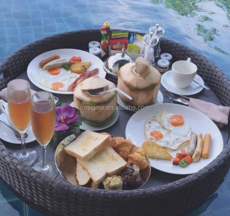 Floating breakfast water basket outdoor rattan swimming pool party serving tray