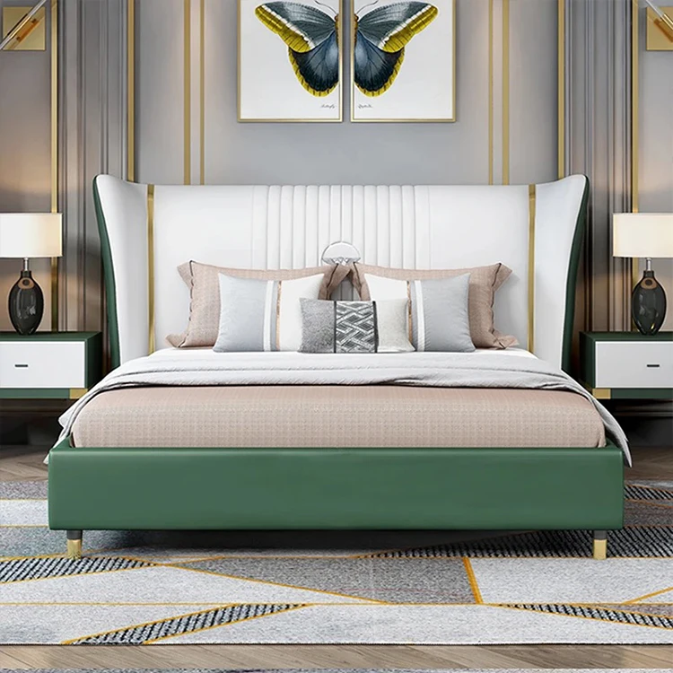 Latest modern simple luxury leather bed sets furniture bedroom solid wooden frame double california king size bed