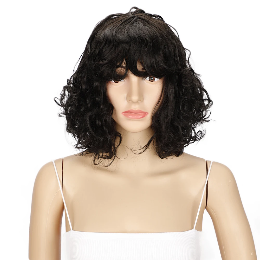 Rebecca Short Wigs for Black Women Curly Afro Kinky Wavy Wig with Bangs Black Natural Looking Synthetic Hair Replacement Wigs