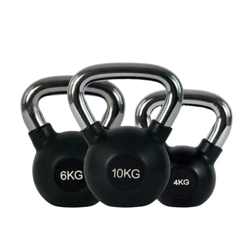 Custom Logo Cast Iron Kettlebell Chrome Handle Kettle Bells Gym 4KG-32KG Weights Rubber Coated