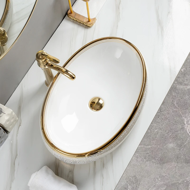 Luxury lavabo golden sink ceramic oval sink art basin gold electroplated washbasin for bathroom