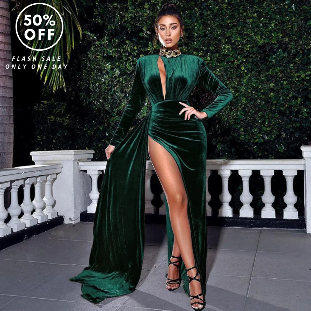 New Sexy Vintage Long Sash Suede Green Cutout High Slit Velvet Gown Winter Dress Hepburn Style Women Party Long Evening Dress