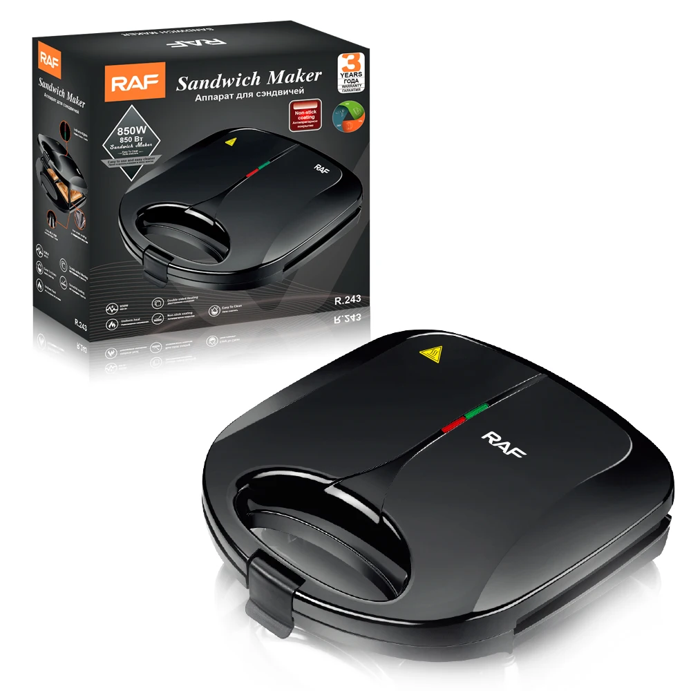 RAF 850W Electric Sandwich Maker Grill Black Non-stick Plates Sandwich Toaster Press Cool Touch Handle Non-stick coating