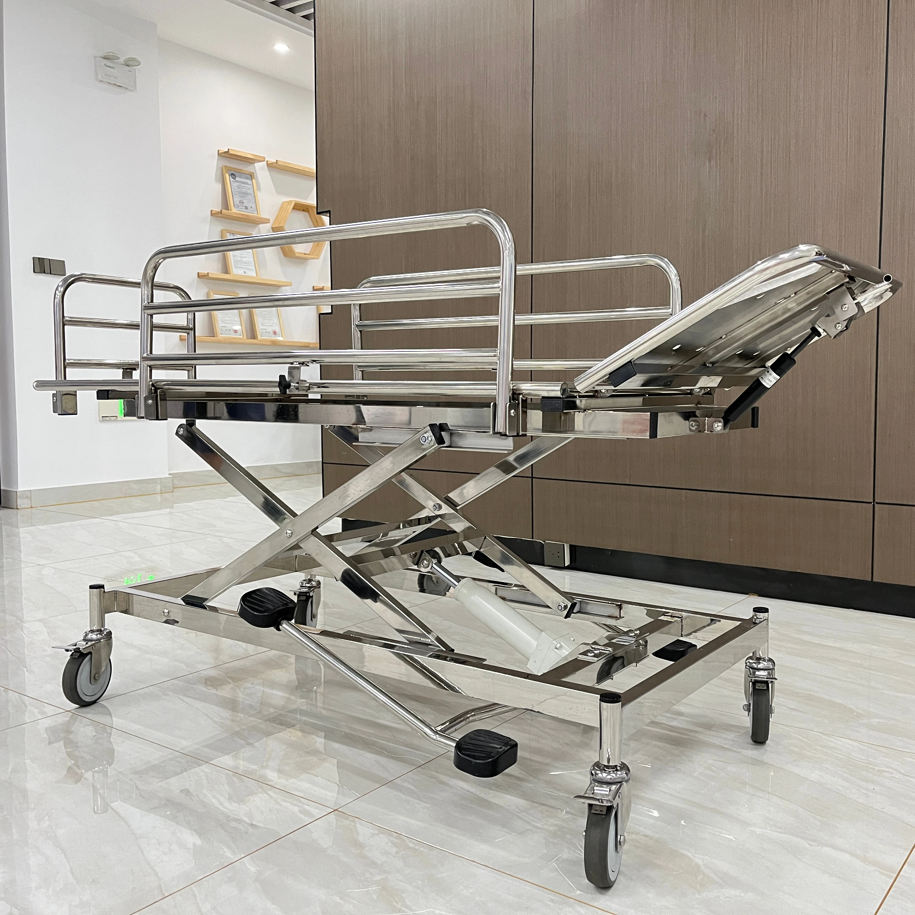 Medical stainless steel ambulance hydraulic height adjustable patient transfer stretcher emergency hospital patient trolley cart