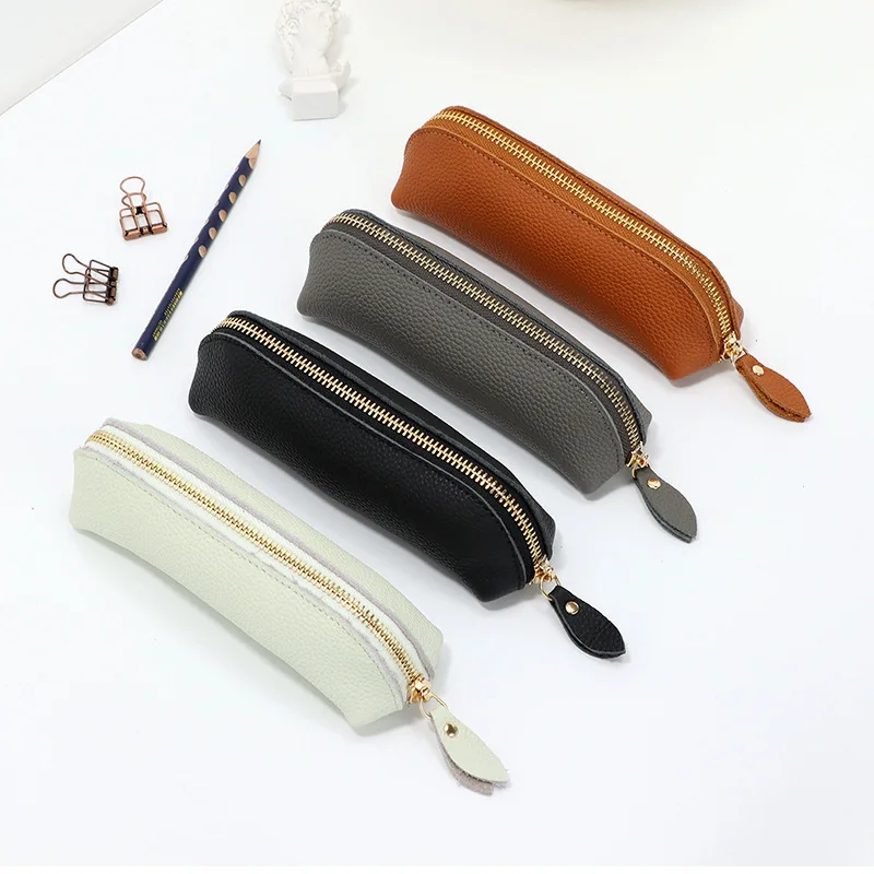 Vintage Leather Pencil Pouch litchi grain cowhide large capacity Pencil Bag student office Stationery Storage Box