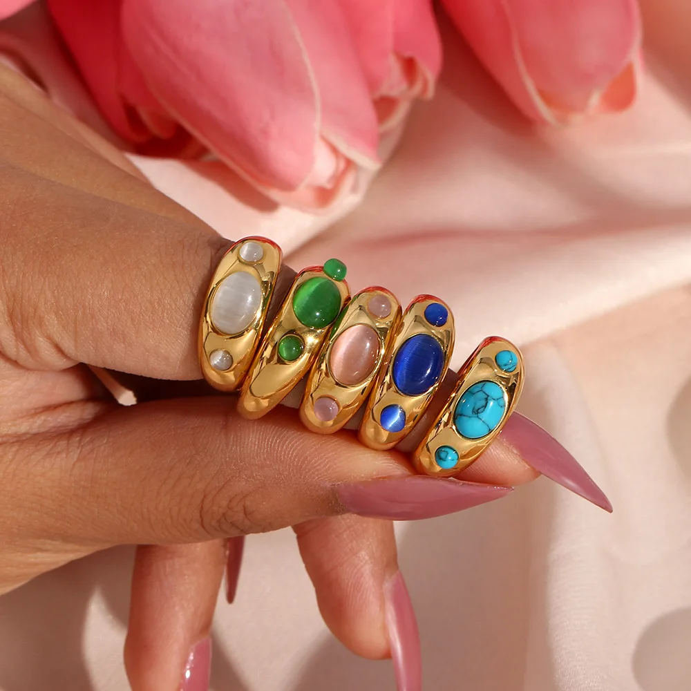 Natural Stone Gold Plated Ring Dainty Gemstone Colorful Turquoise Opal Stainless Steel Rings Women Jewelry