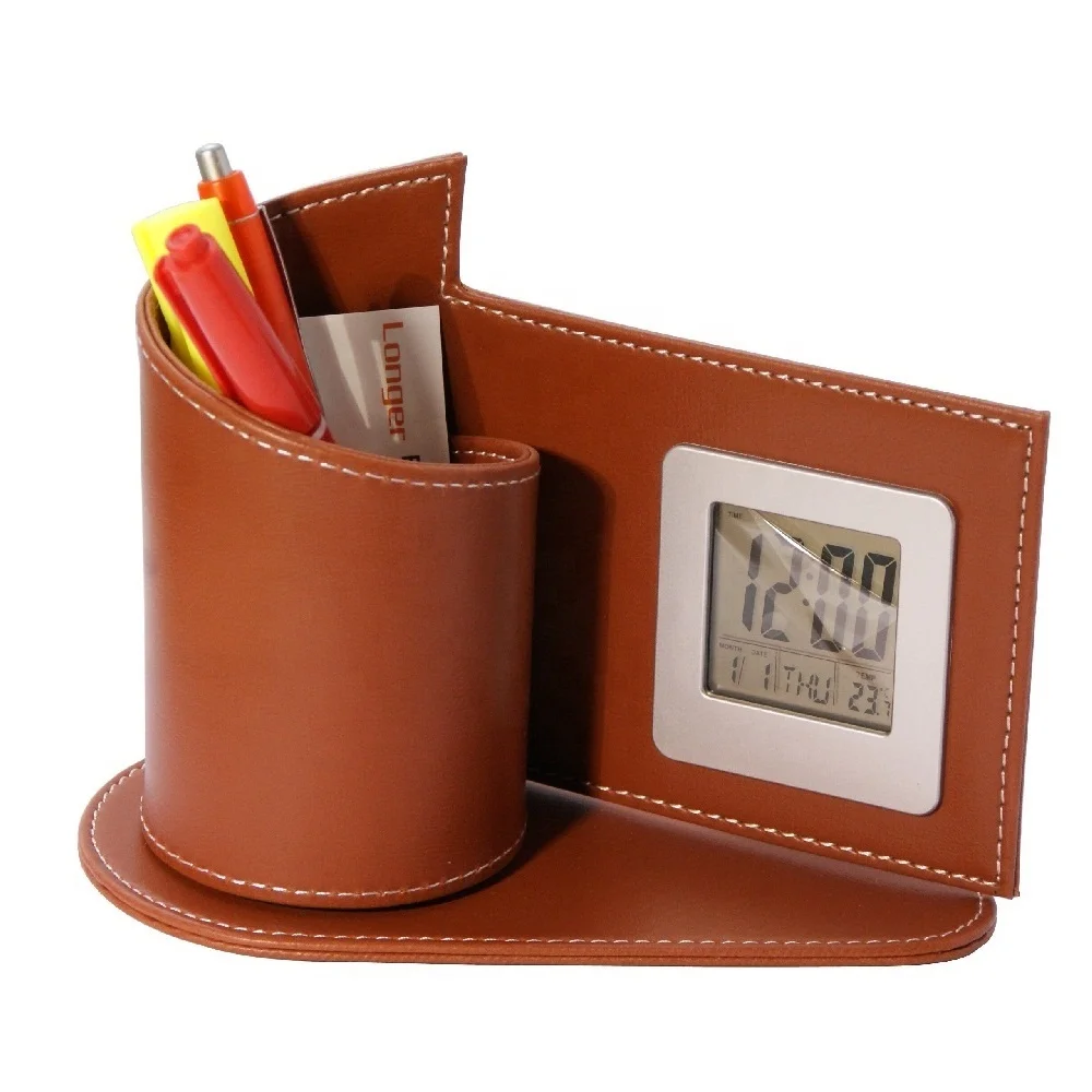 LG-B015 Fancy Design Shape with LCD Watch made by Leather desk stationary storage pen holder