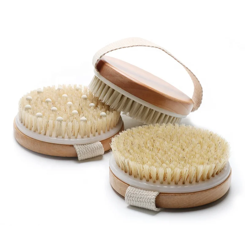 Customize Logo Natural Vegan Sisal White Boar Bristle Drying Skin Wooden Bath Massage Body Shower Brush Cellulite Exfoliating