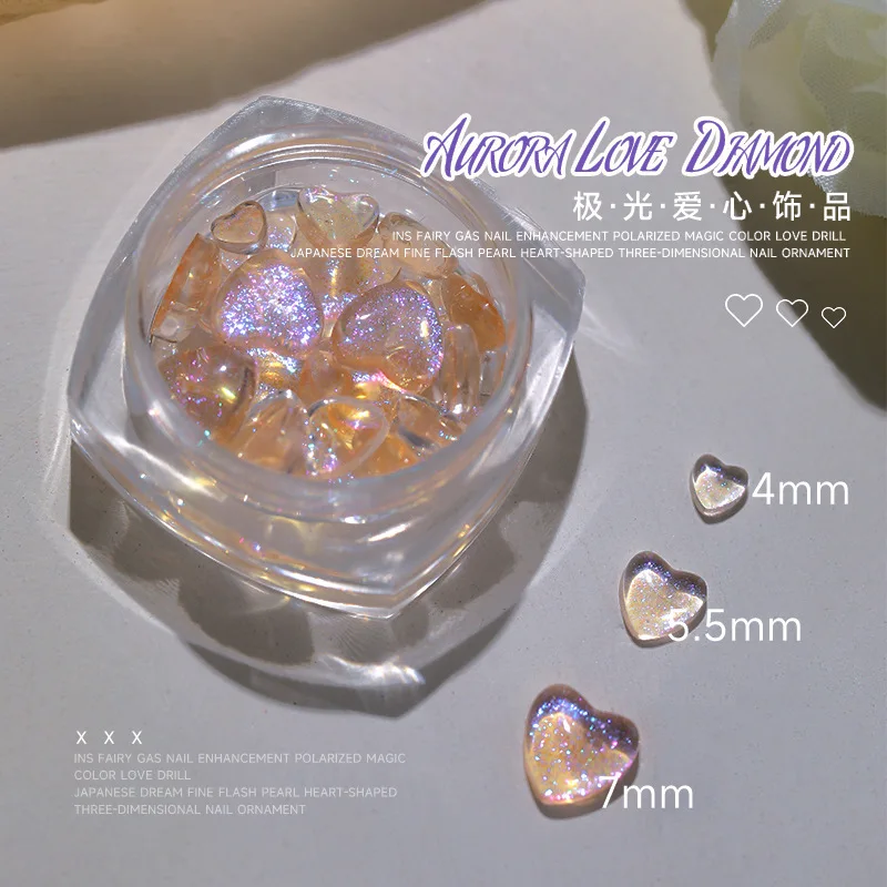 Ultra-Shiny Aurora Heart Nail Art Accessories Iridescent Holographic Heart-Shaped Rhinestones Nail Decor Charms