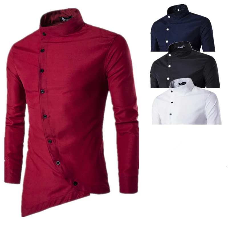 Wholesale Men New Arrival Court Style Oblique Placket Design Shirt Long Sleeve Stand Collar Button Solid Color Casual Shirt