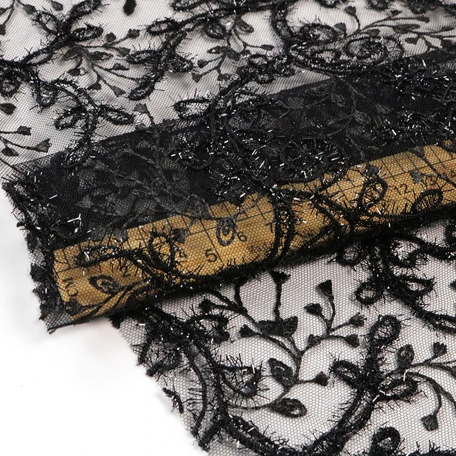 Black Luxury 3D Cording Embroidery Lace Fabric Rope Embroidery for Party Dress