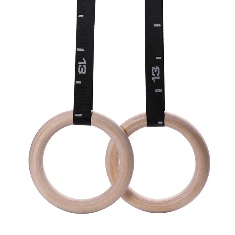 FitFirst Safety Wooden  Birch Gymnastic Pull up Rings with Adjustable Buckle Building Strength and Muscle
