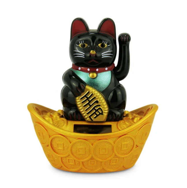 4 Inches Big Solar Power Plastic Japanese Fortune Cat   White Golden Black Color Waving Arm Lucky Cat Maneki Neko