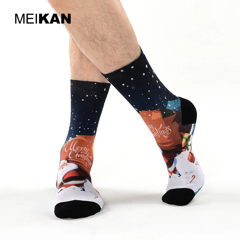 MEIKAN Christmas Series Fashion Pattern Men Socks Custom Coolmax Material Unisex Plain Knit Funny Print Crew Socks