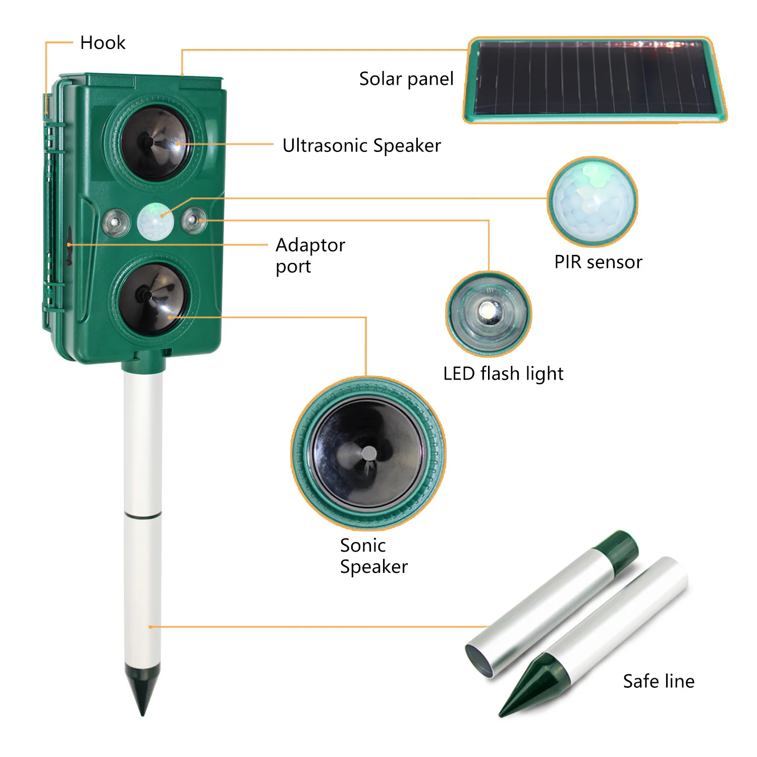 GH-501 Solar Powered UltrasonicCats Dogs Squirrels Mole repeller animal scare pest control & pest trap