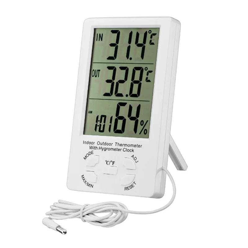 Free Sample Digital Indoor Outdoor Large LCD Display Wall Alarm Clock 3 in 1 Thermometer Hygrometer External Probe Sensor Cable