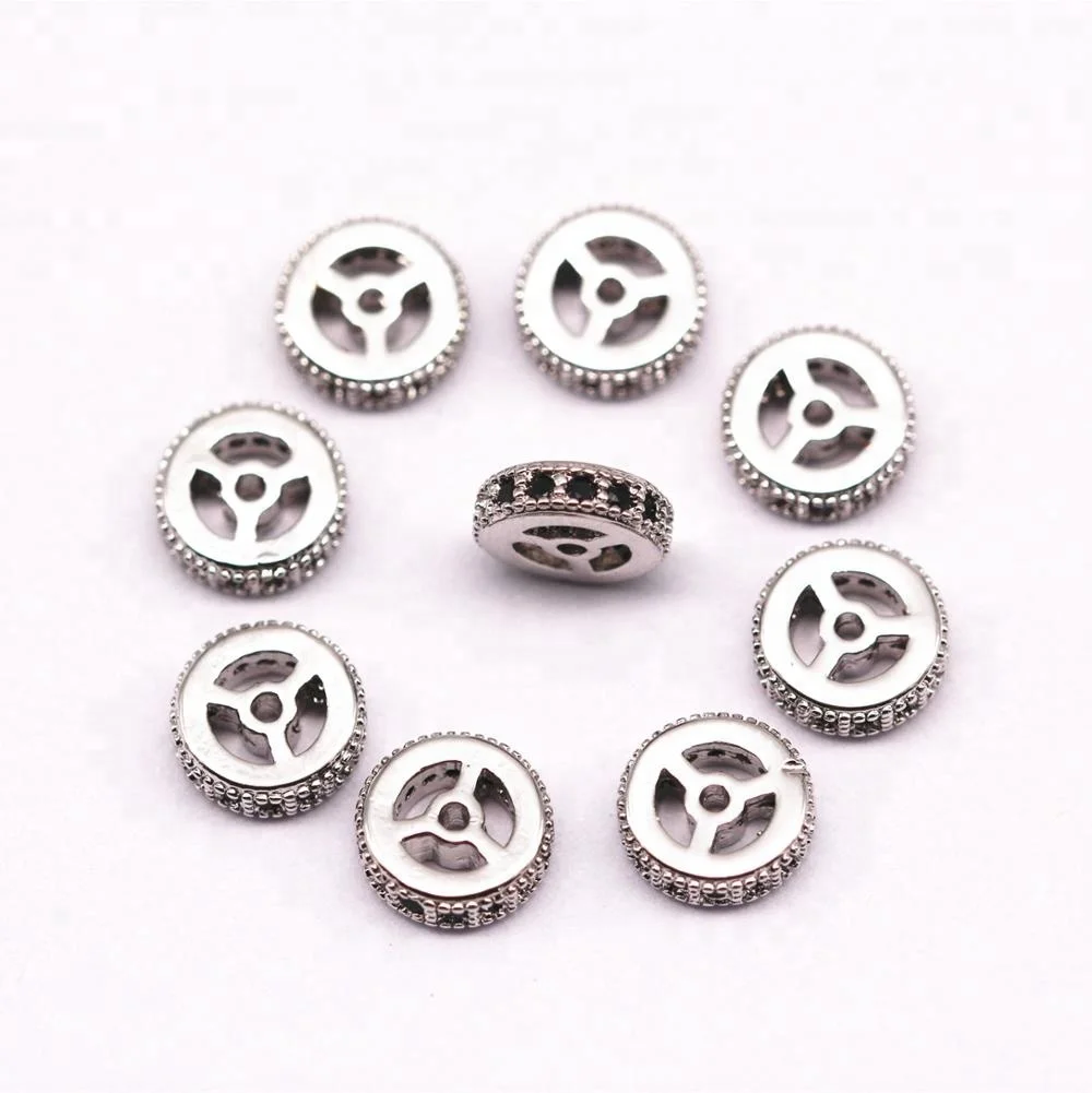 Bulk Price Silver Plated Gun Black Zircon Flat Wheel Ball Shape Mirco Pave Charm and Beads for Jewelry Making 8mm 10mm