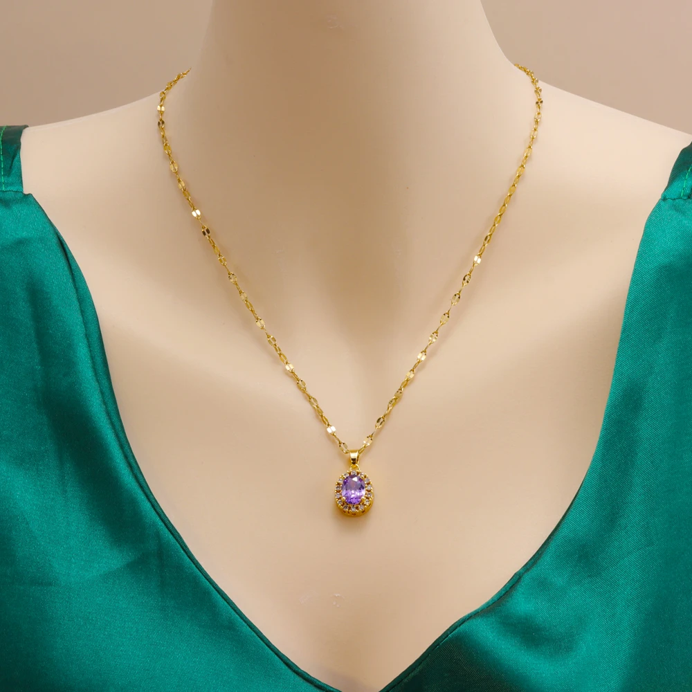 Stainless Steel Chain Necklace Women Gold Plated Waterdrop White Crystal Diamond Cubic Zircon Pendant Necklaces