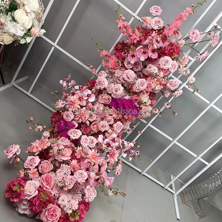 Hot Pink Artificial Flower Runner Wedding Supplies High Quality Rose Floral Panel Table Centerpiece Flower Runner