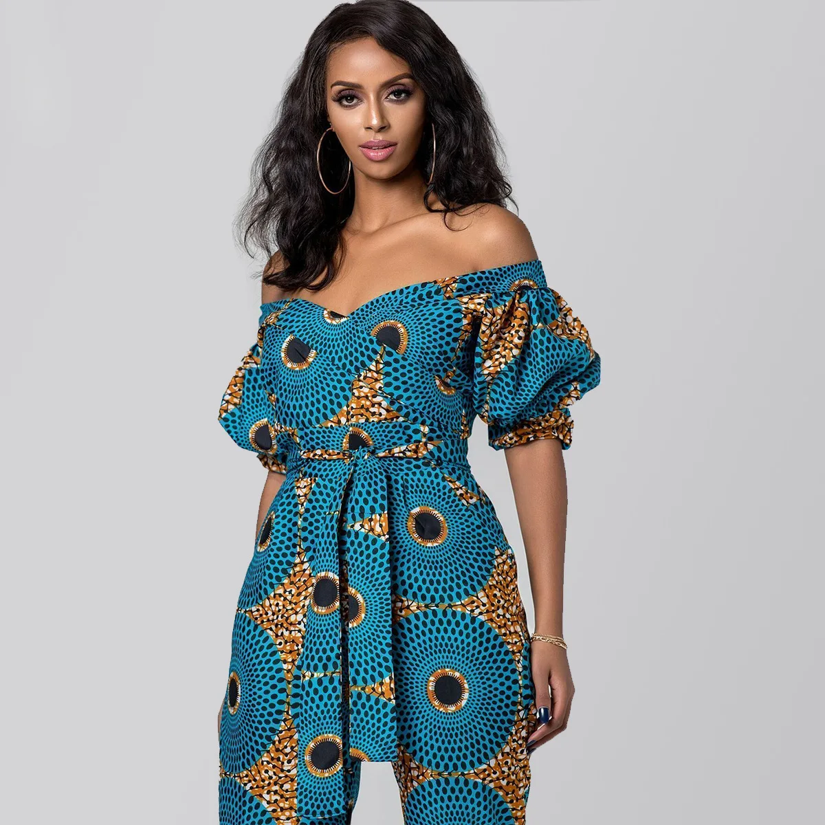 sexy jumpsuit Pantalons Autumn Africa digital printing nightclub Lantern Sleeve off shoulder one-piece pants waist