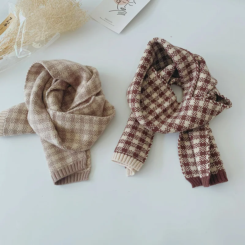 Kids new fashion spring autumn winter child knitted plaid scarf for boys and girls