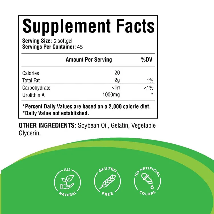 Private Label OEM 1000mg Urolithin A Capsules Softgels Urolithin A Powder for Energy Supplement