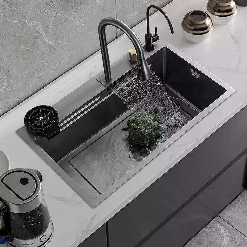 JDOOR Modern Nanometer Sink Kitchen  304 Stainless Steel Waterfall Kitchen Sink With Waterfall Faucet