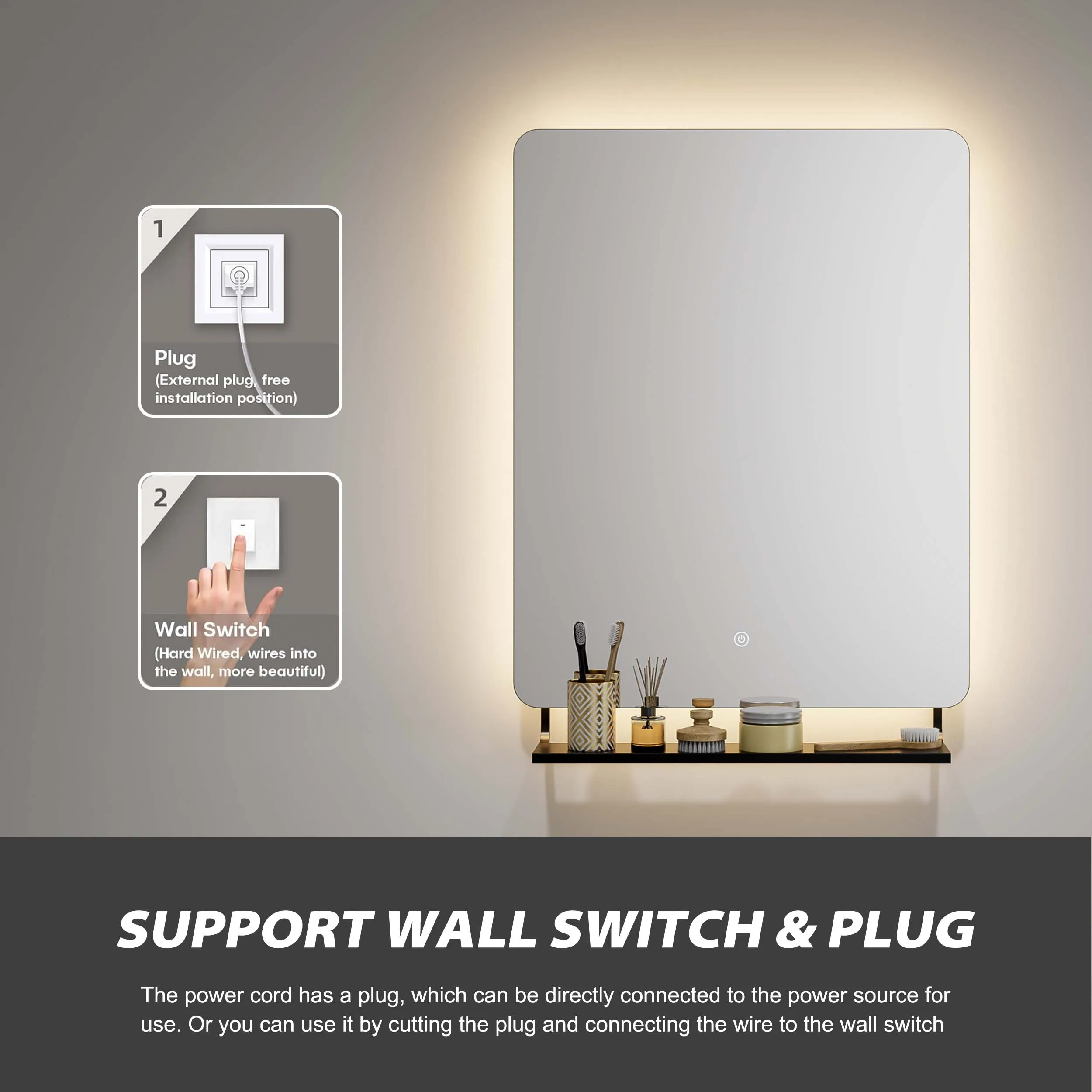 Modern Wall Illuminated Hotel Anti Fog Backlit Lighted Custom Frameless Led Light Shelves Square Bathroom Mirror With Shelf