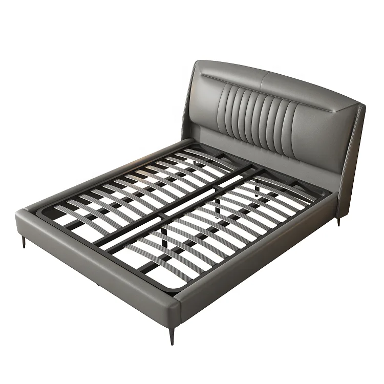 Luxury modern slats support queen king size metal steel plywood bed frame leather upholstered beds