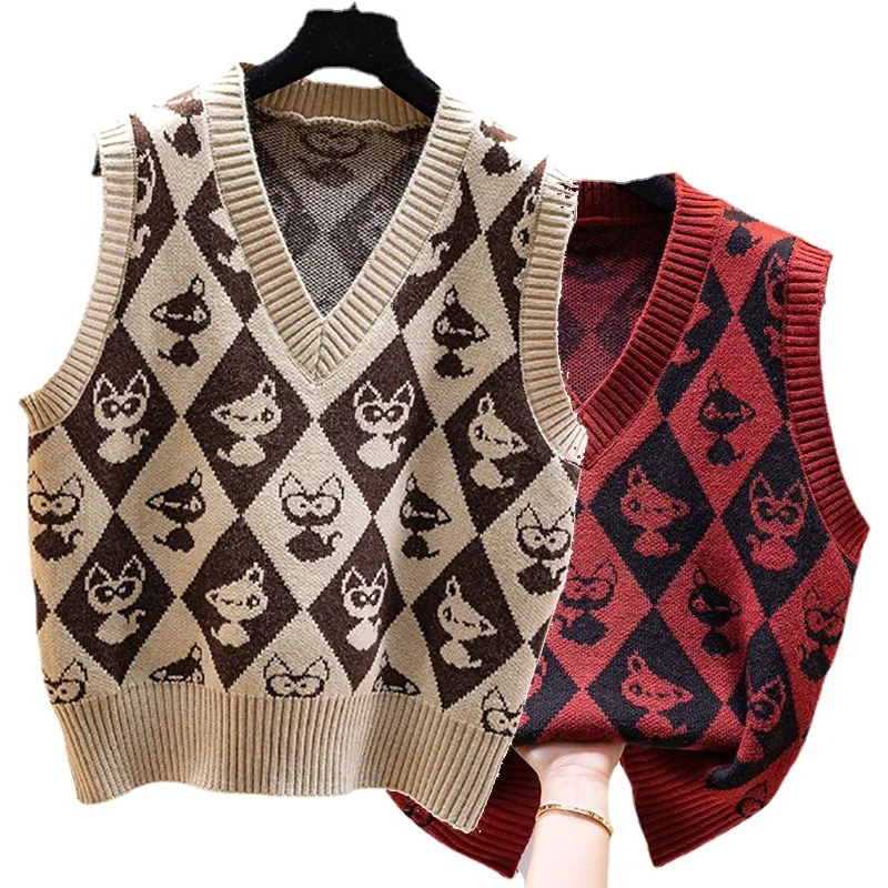 Japanese Womens Sleeveless Knit Sweater Vest Preppy Clothes Y2k Cat Pattern Knitwear Korean Girls Crop Tops School Uniform