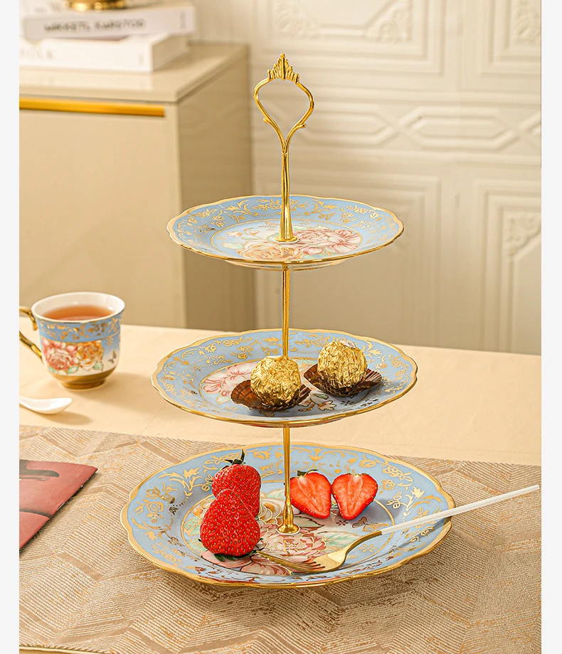 European Gold-Plated Two-Layer Ceramic Fruit Plate Afternoon Tea Snack Holder Living Room Fruit Plate Dessert Cake Plate