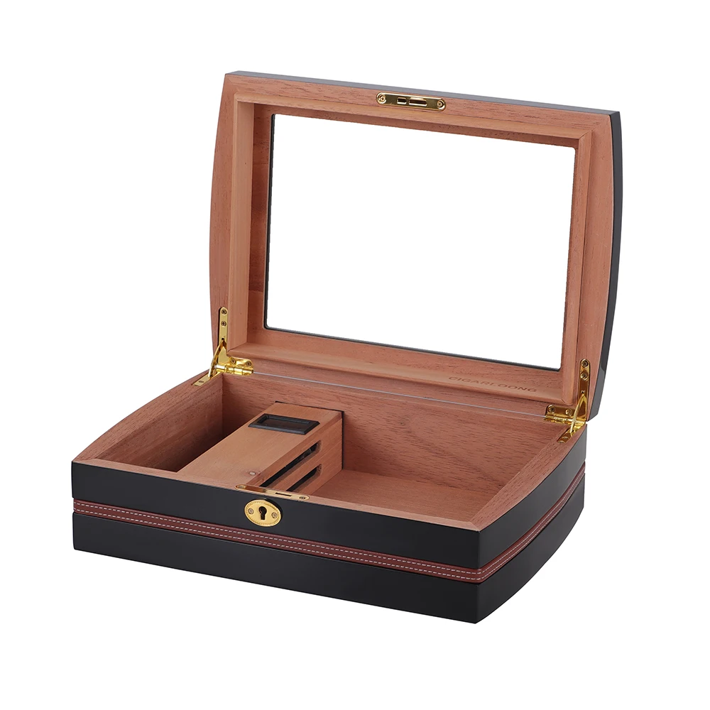On Sale Custom Black Wood Curved Edge Glass Top Digital Hygrometer Wood Cigar Humidor Box