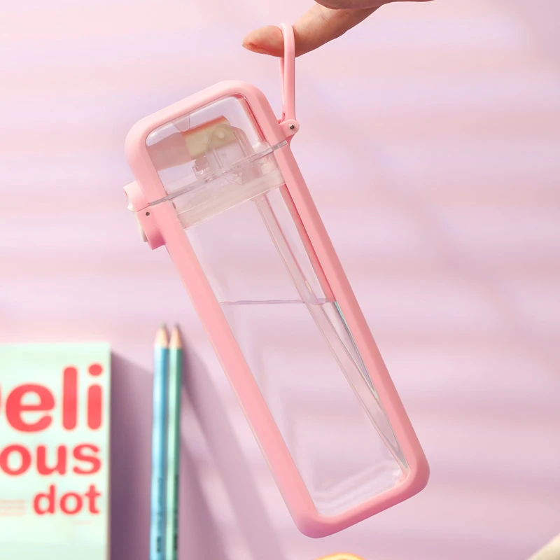 
Double-wall Silicone Insulated Plastic Clear Milk Carton Water Bottles with Straw 