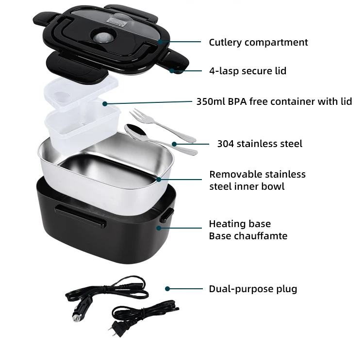 1.5L Portable 60w Electric Lunch Box Fast Heating Food Container for Car and Home Use heating lunch box electric battery powered