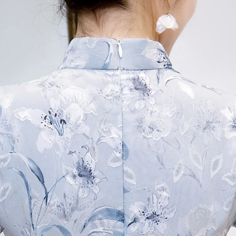 Китайский современный модный Чонсам новейшего дизайна, длинное расклешенное платье-Ципао с цветочным узором, шифоновое платье с коротким рукавом для женщин