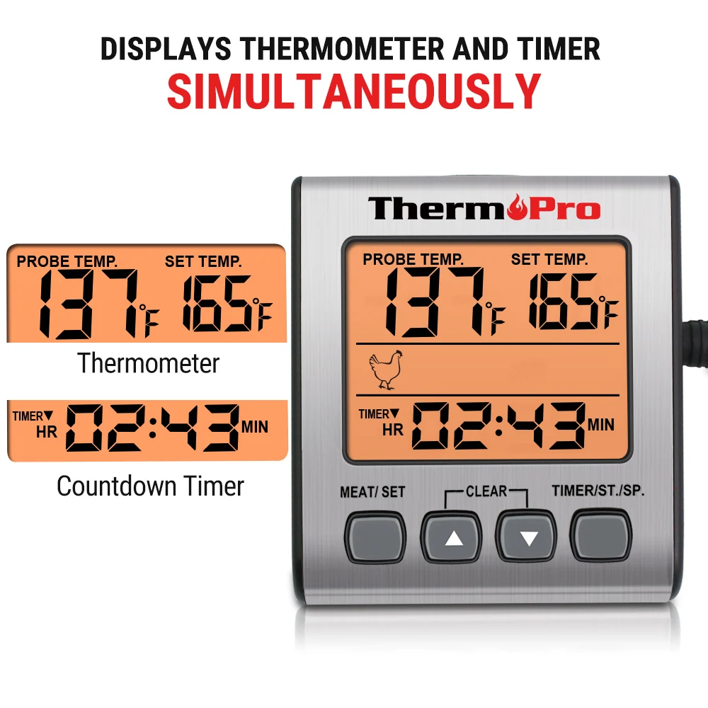 ThermoPro TP16S Meat Cooking Digital Thermometer with Thermocouple Smart Cooking Timer Mode and Backlight