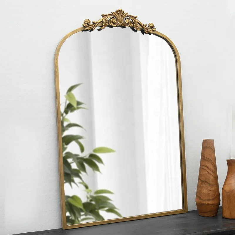 24 x 36 Gold Plated Antique Designer Big Metal Framed Arendahl Traditional Wall Arch Mirror, Baroque Inspired Mirror Wall Decor