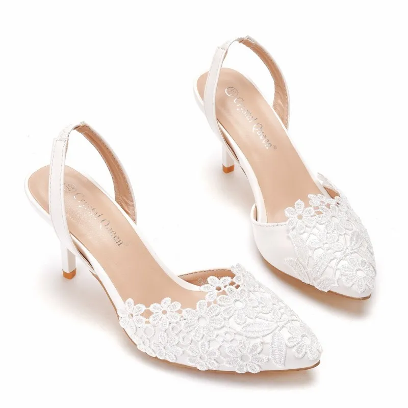 Dropshipping Custom Logo 7 cm High Heel white lace sandals wedding shoes bride dress Designer Ladies Heels