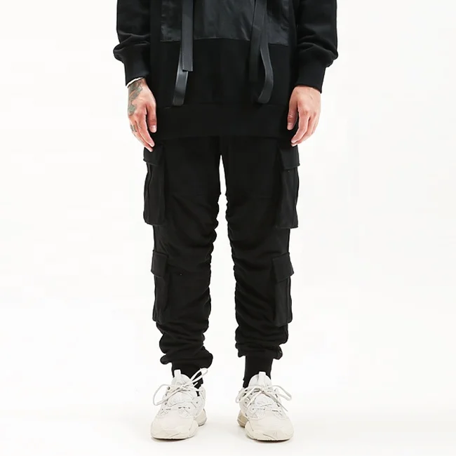 Stock usa street multi pockets zipper solid color pants elastic drawstring casual jogger pants mens popular sweatpants wholesale